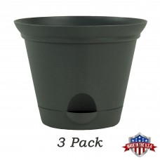 3 Pack 9.5 Inch Flat Gray Plastic Self Watering Flare Flower Pot or Garden Planter   